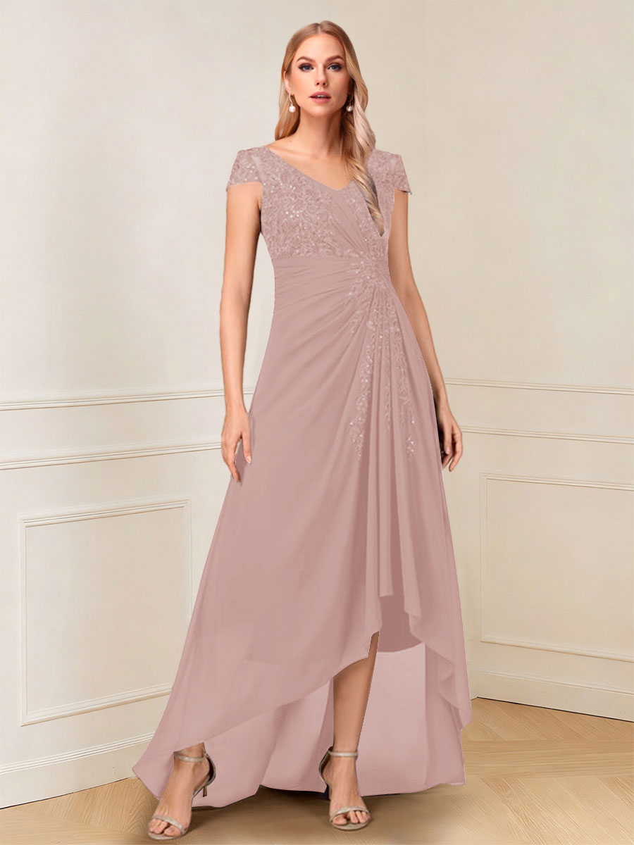 A-Line/Princess Cap Sleeves V-Neck Asymmetrical Mother of the Bride with Sequins &amp;Ruched