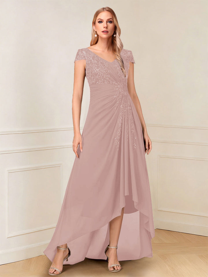 A-Line/Princess Cap Sleeves V-Neck Asymmetrical Mother of the Bride with Sequins &amp;Ruched