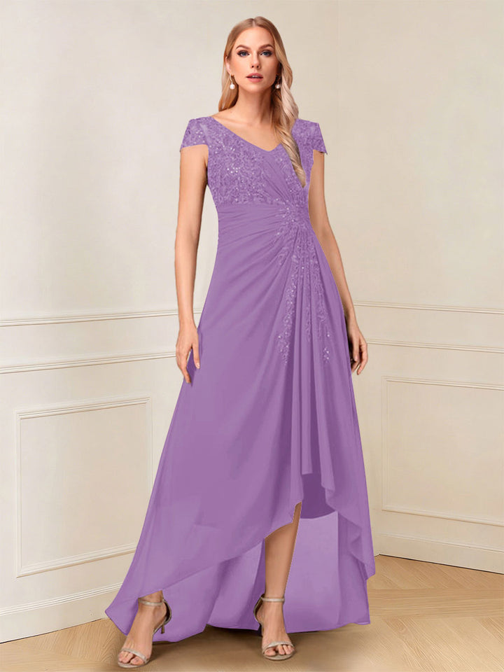 A-Line/Princess Cap Sleeves V-Neck Asymmetrical Mother of the Bride with Sequins &amp;Ruched