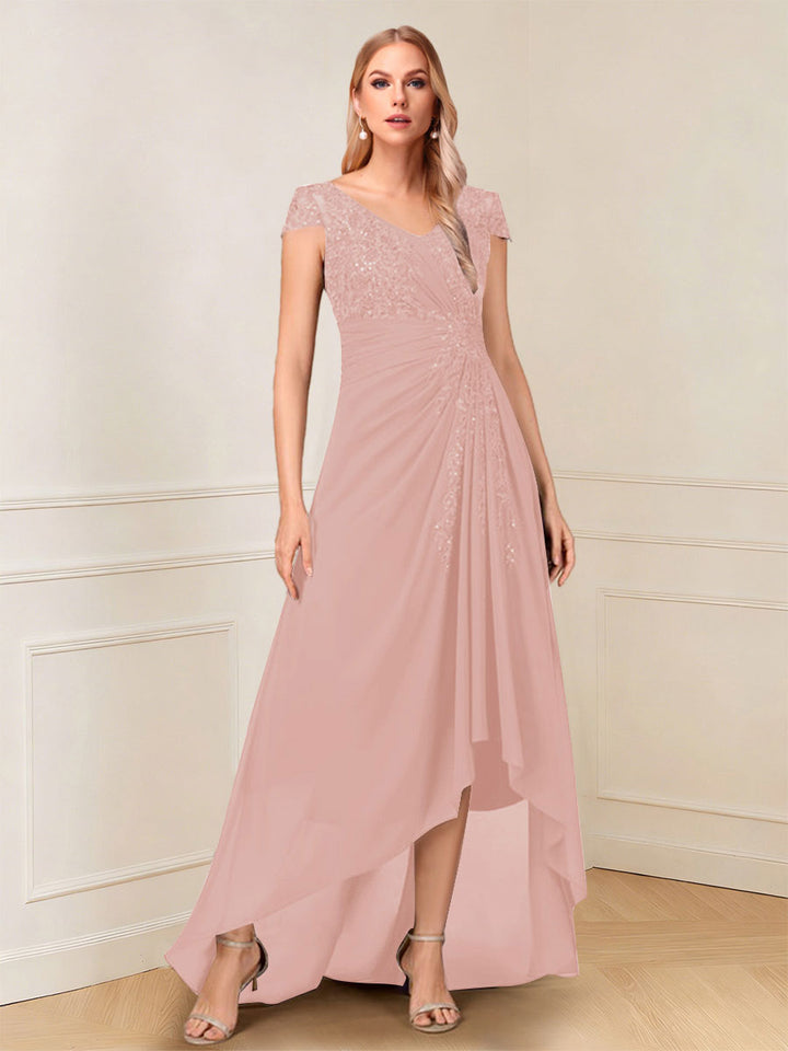 A-Line/Princess Cap Sleeves V-Neck Asymmetrical Mother of the Bride with Sequins &amp;Ruched