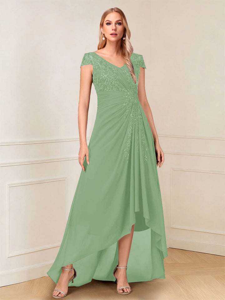 A-Line/Princess Cap Sleeves V-Neck Asymmetrical Mother of the Bride with Sequins &amp;Ruched