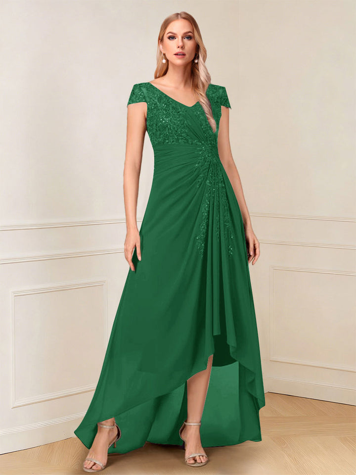 A-Line/Princess Cap Sleeves V-Neck Asymmetrical Mother of the Bride with Sequins &amp;Ruched