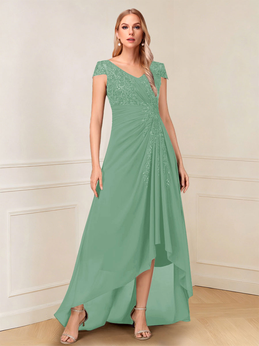 A-Line/Princess Cap Sleeves V-Neck Asymmetrical Mother of the Bride with Sequins &amp;Ruched