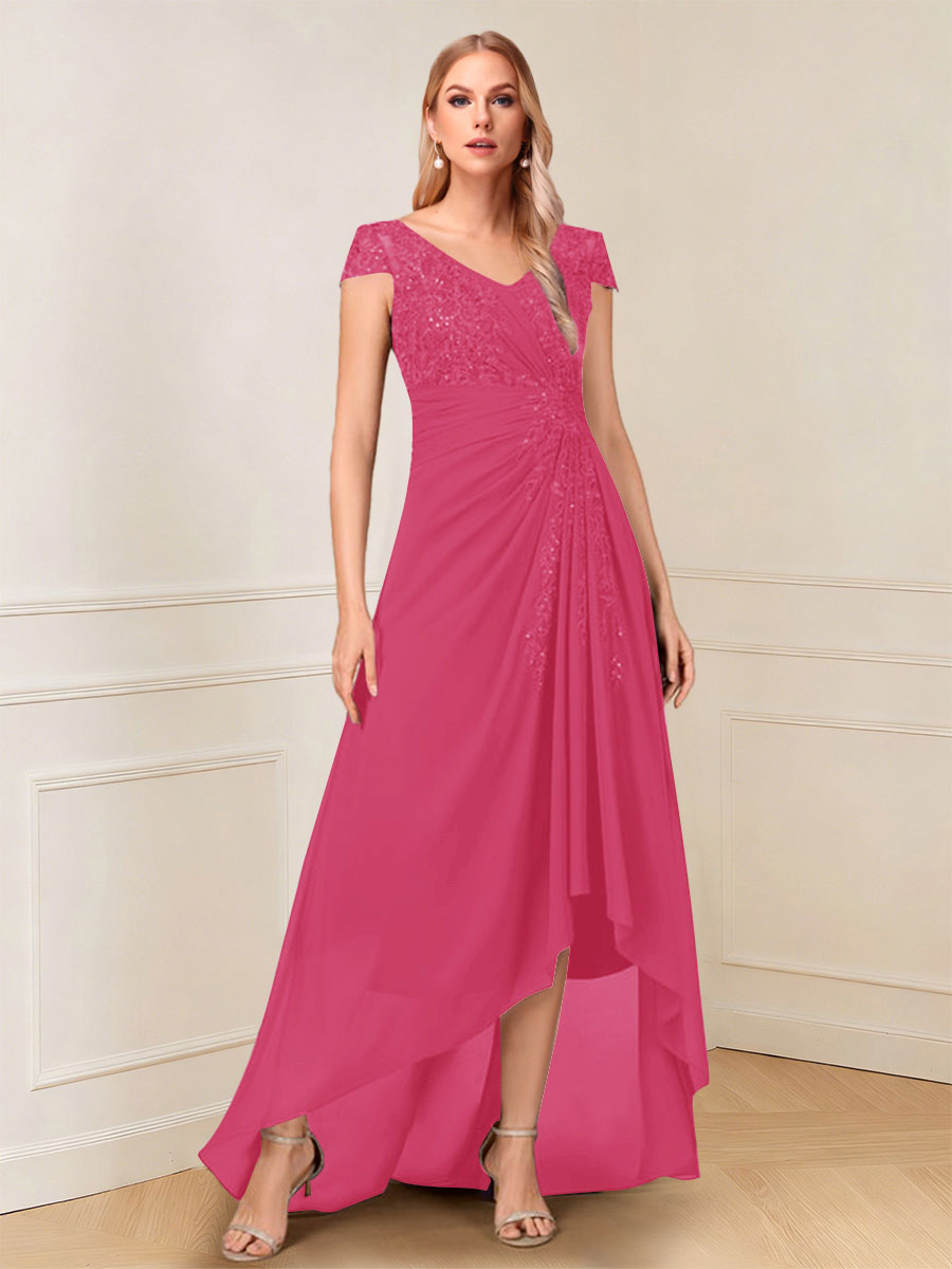 A-Line/Princess Cap Sleeves V-Neck Asymmetrical Mother of the Bride with Sequins &amp;Ruched