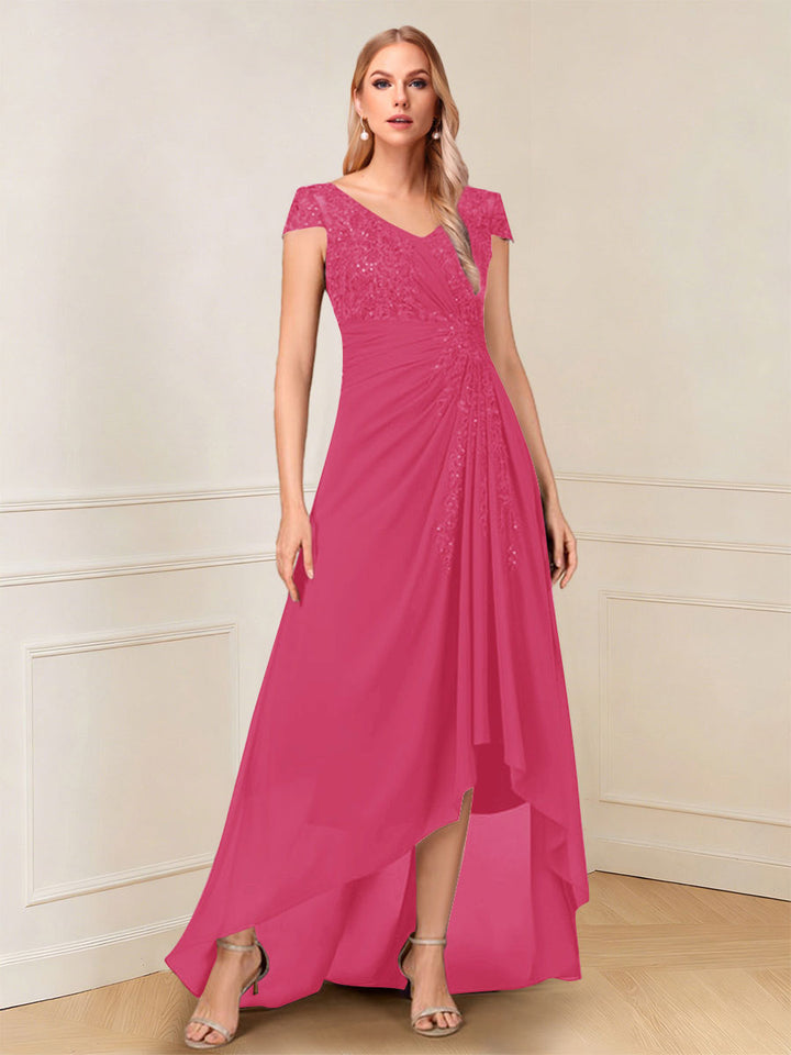 A-Line/Princess Cap Sleeves V-Neck Asymmetrical Mother of the Bride with Sequins &amp;Ruched