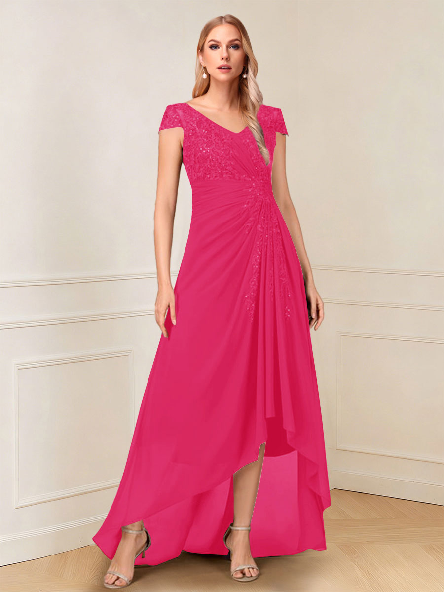 A-Line/Princess Cap Sleeves V-Neck Asymmetrical Mother of the Bride with Sequins &amp;Ruched