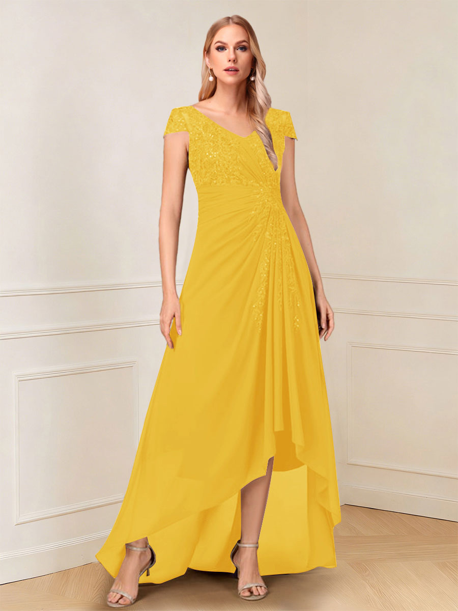 A-Line/Princess Cap Sleeves V-Neck Asymmetrical Mother of the Bride with Sequins &amp;Ruched