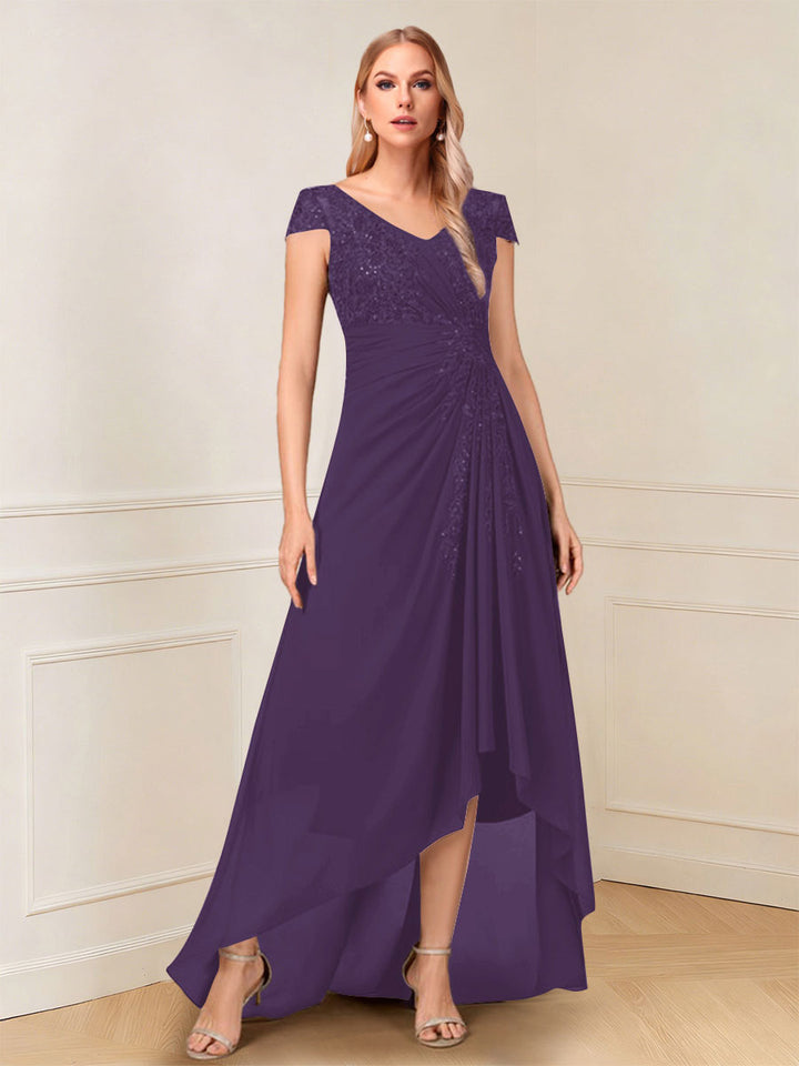 A-Line/Princess Cap Sleeves V-Neck Asymmetrical Mother of the Bride with Sequins &amp;Ruched
