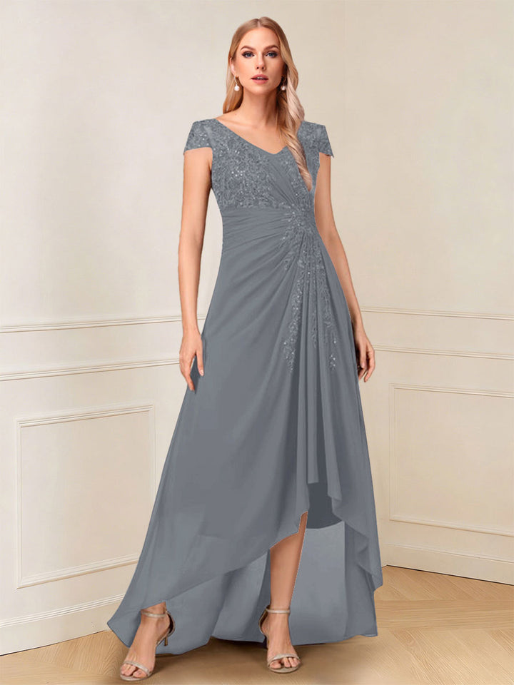 A-Line/Princess Cap Sleeves V-Neck Asymmetrical Mother of the Bride with Sequins &amp;Ruched