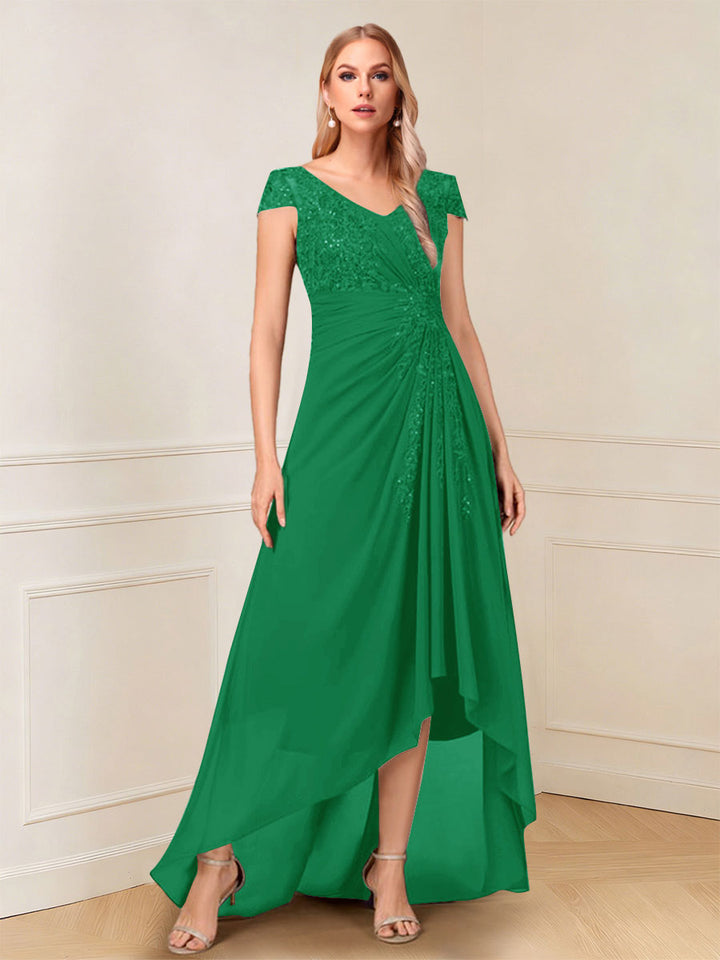 A-Line/Princess Cap Sleeves V-Neck Asymmetrical Mother of the Bride with Sequins &amp;Ruched