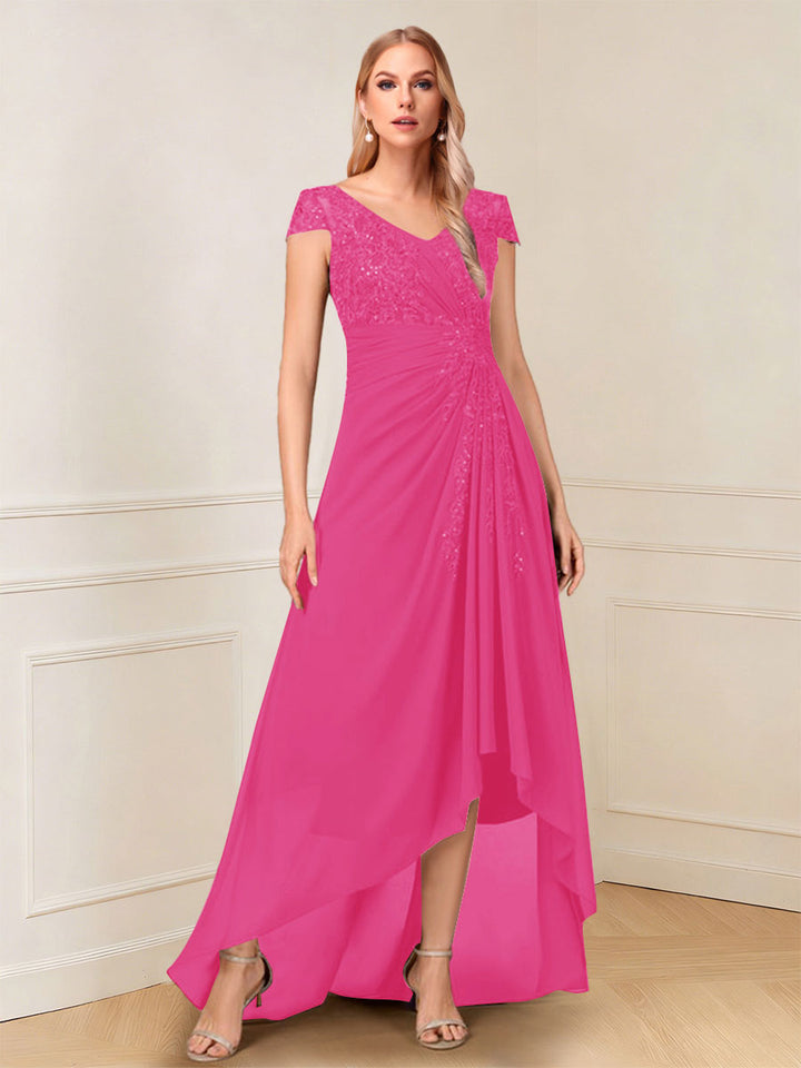 A-Line/Princess Cap Sleeves V-Neck Asymmetrical Mother of the Bride with Sequins &amp;Ruched