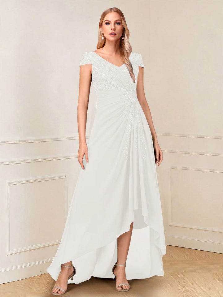 A-Line/Princess Cap Sleeves V-Neck Asymmetrical Mother of the Bride with Sequins &amp;Ruched
