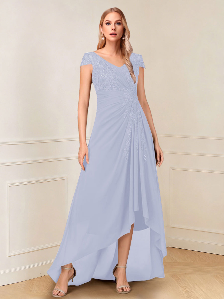 A-Line/Princess Cap Sleeves V-Neck Asymmetrical Mother of the Bride with Sequins &amp;Ruched