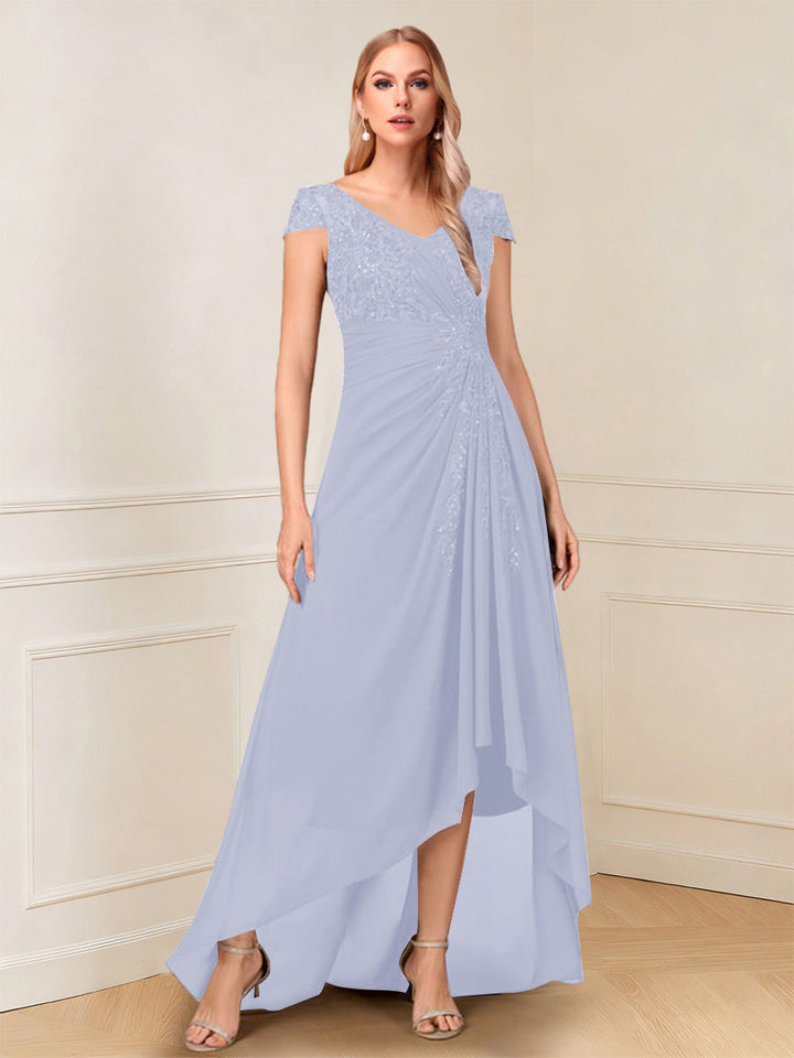A-Line/Princess Cap Sleeves V-Neck Asymmetrical Mother of the Bride with Sequins &amp;Ruched