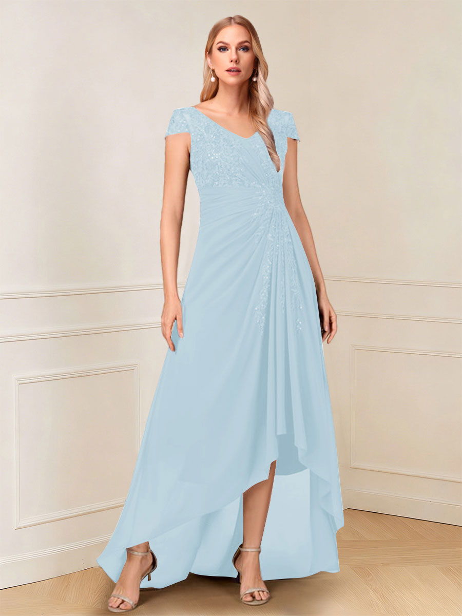 A-Line/Princess Cap Sleeves V-Neck Asymmetrical Mother of the Bride with Sequins &amp;Ruched
