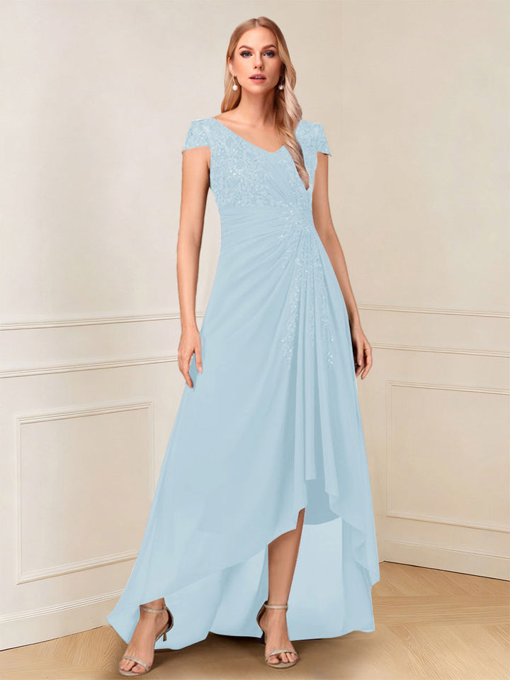 A-Line/Princess Cap Sleeves V-Neck Asymmetrical Mother of the Bride with Sequins &amp;Ruched