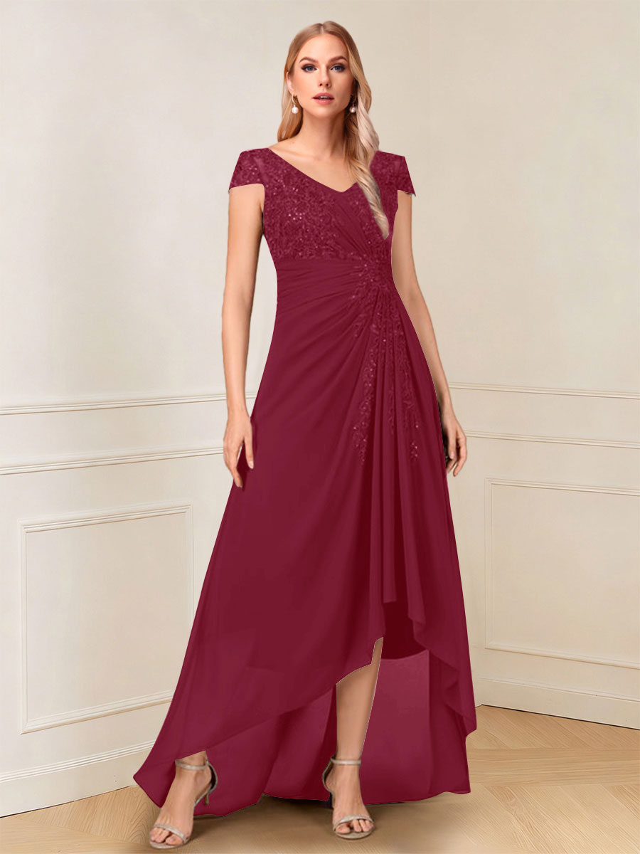 A-Line/Princess Cap Sleeves V-Neck Asymmetrical Mother of the Bride with Sequins &amp;Ruched