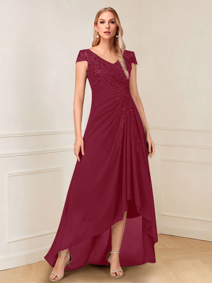 A-Line/Princess Cap Sleeves V-Neck Asymmetrical Mother of the Bride with Sequins &amp;Ruched