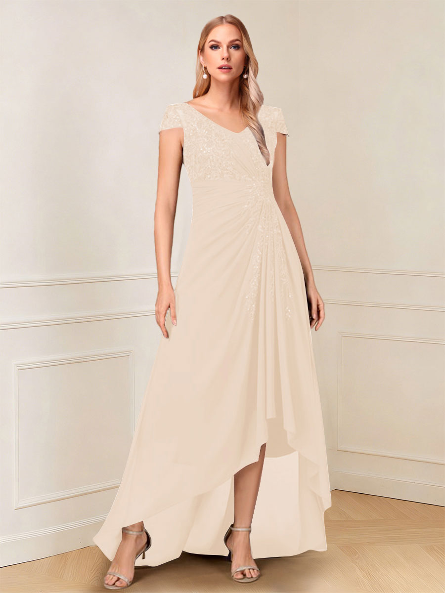 A-Line/Princess Cap Sleeves V-Neck Asymmetrical Mother of the Bride with Sequins &amp;Ruched