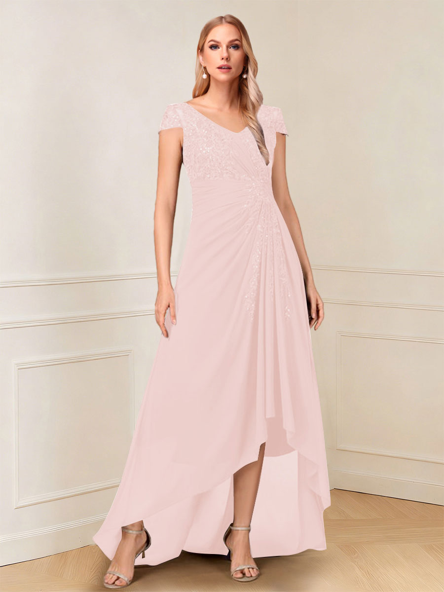 A-Line/Princess Cap Sleeves V-Neck Asymmetrical Mother of the Bride with Sequins &amp;Ruched