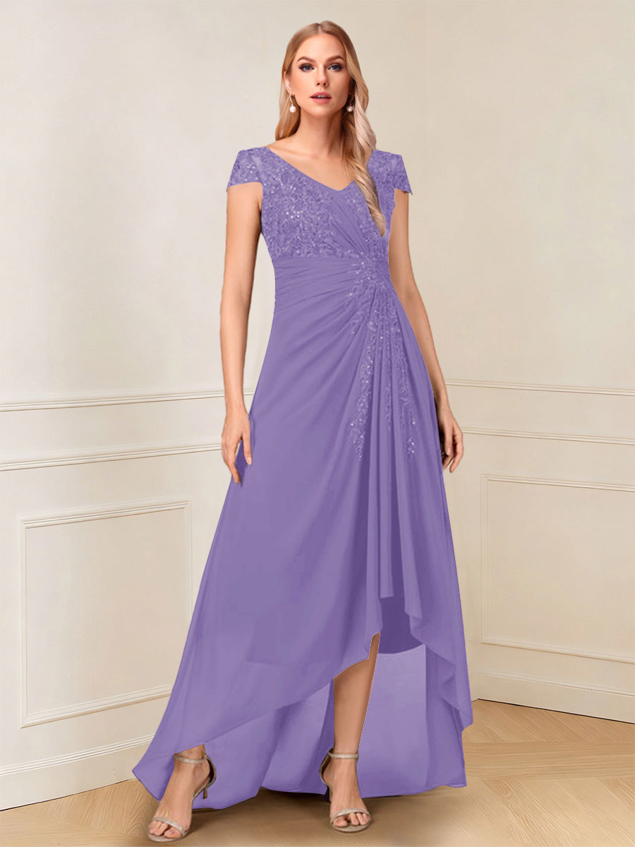 A-Line/Princess Cap Sleeves V-Neck Asymmetrical Mother of the Bride with Sequins &amp;Ruched
