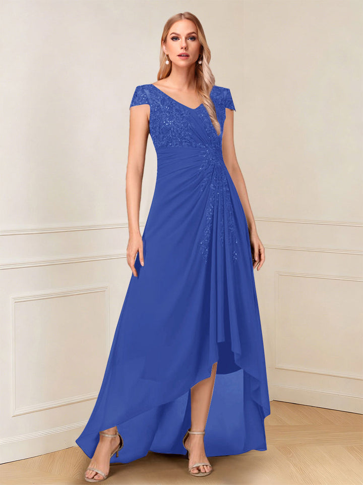A-Line/Princess Cap Sleeves V-Neck Asymmetrical Mother of the Bride with Sequins &amp;Ruched