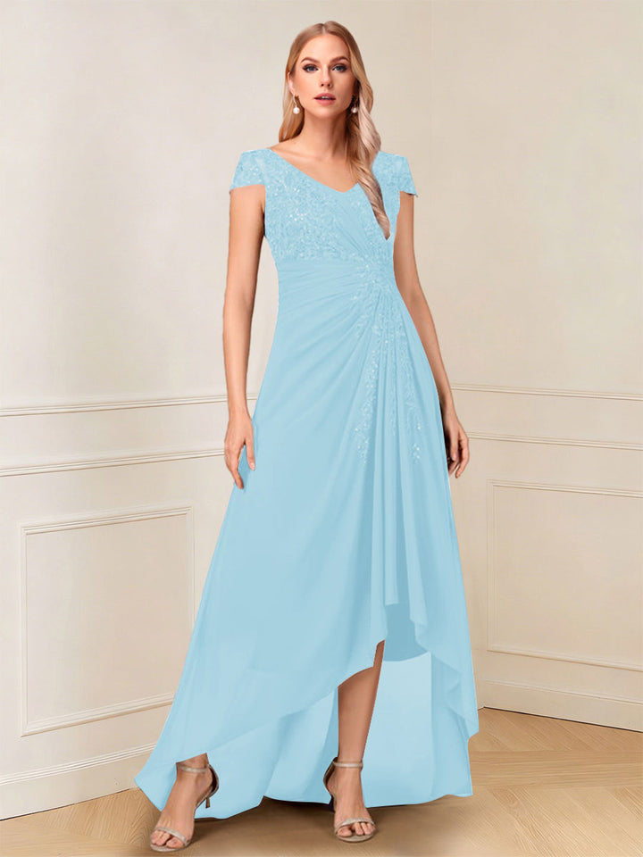 A-Line/Princess Cap Sleeves V-Neck Asymmetrical Mother of the Bride with Sequins &amp;Ruched