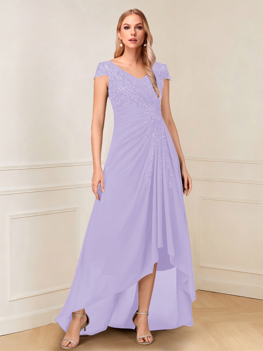 A-Line/Princess Cap Sleeves V-Neck Asymmetrical Mother of the Bride with Sequins &amp;Ruched