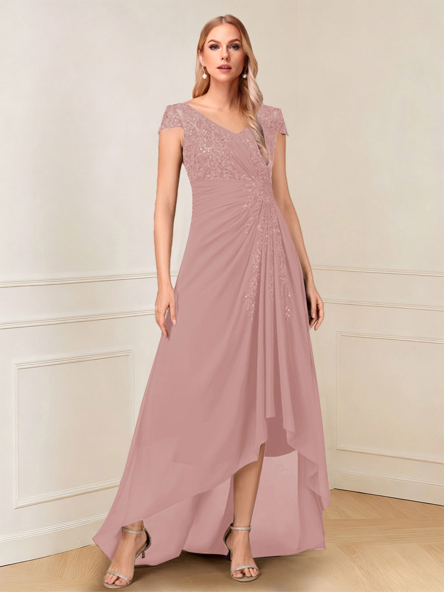 A-Line/Princess Cap Sleeves V-Neck Asymmetrical Mother of the Bride with Sequins &amp;Ruched