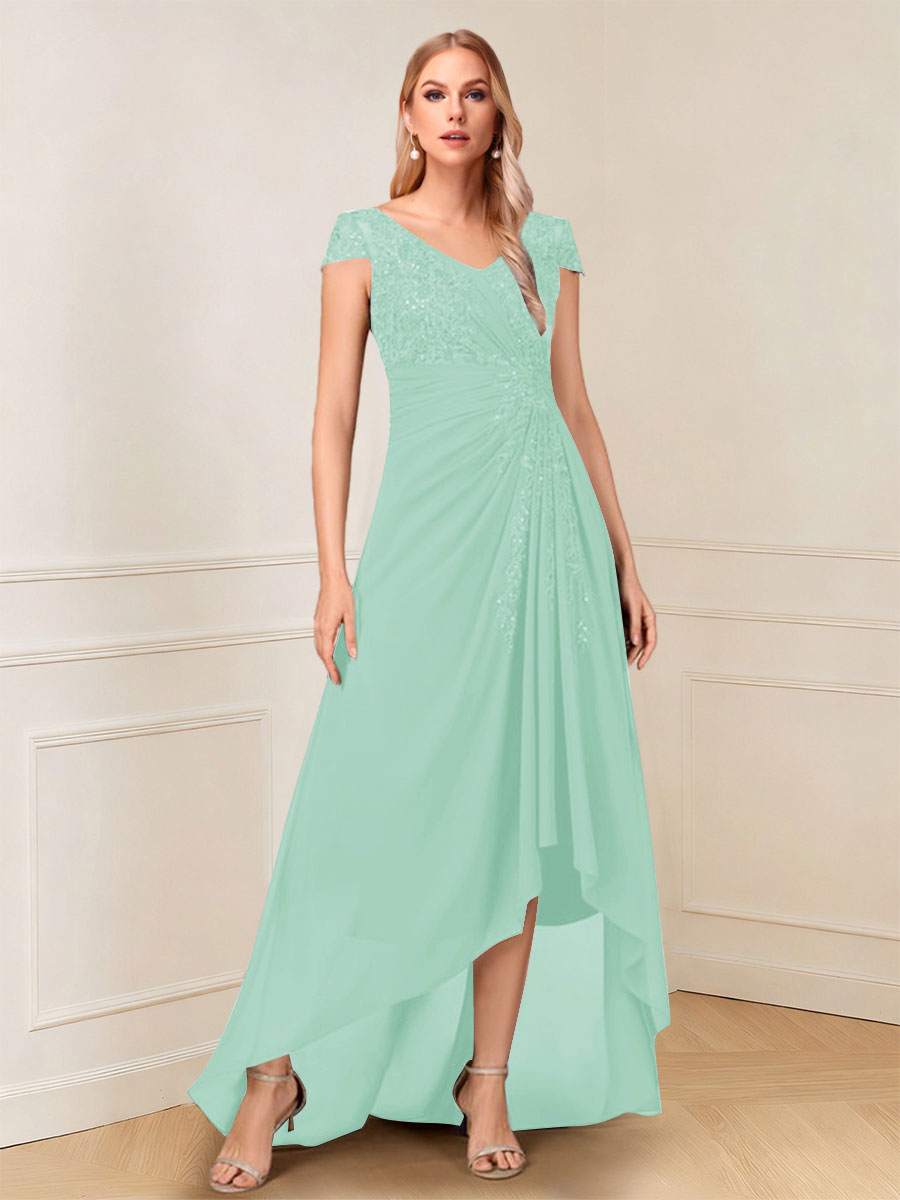 A-Line/Princess Cap Sleeves V-Neck Asymmetrical Mother of the Bride with Sequins &amp;Ruched