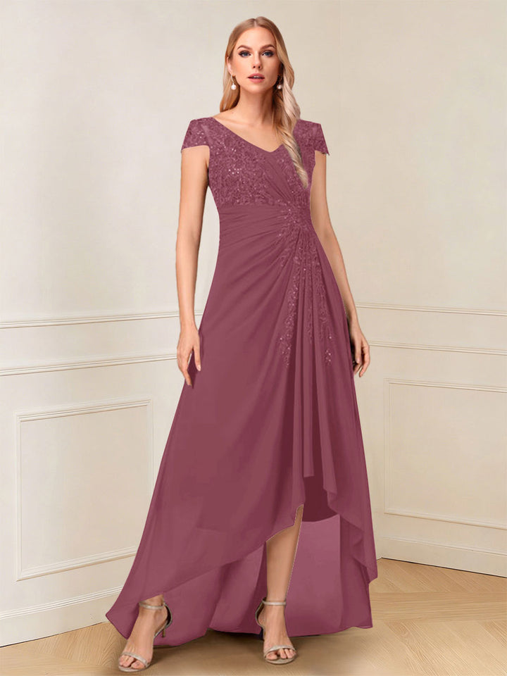 A-Line/Princess Cap Sleeves V-Neck Asymmetrical Mother of the Bride with Sequins &amp;Ruched
