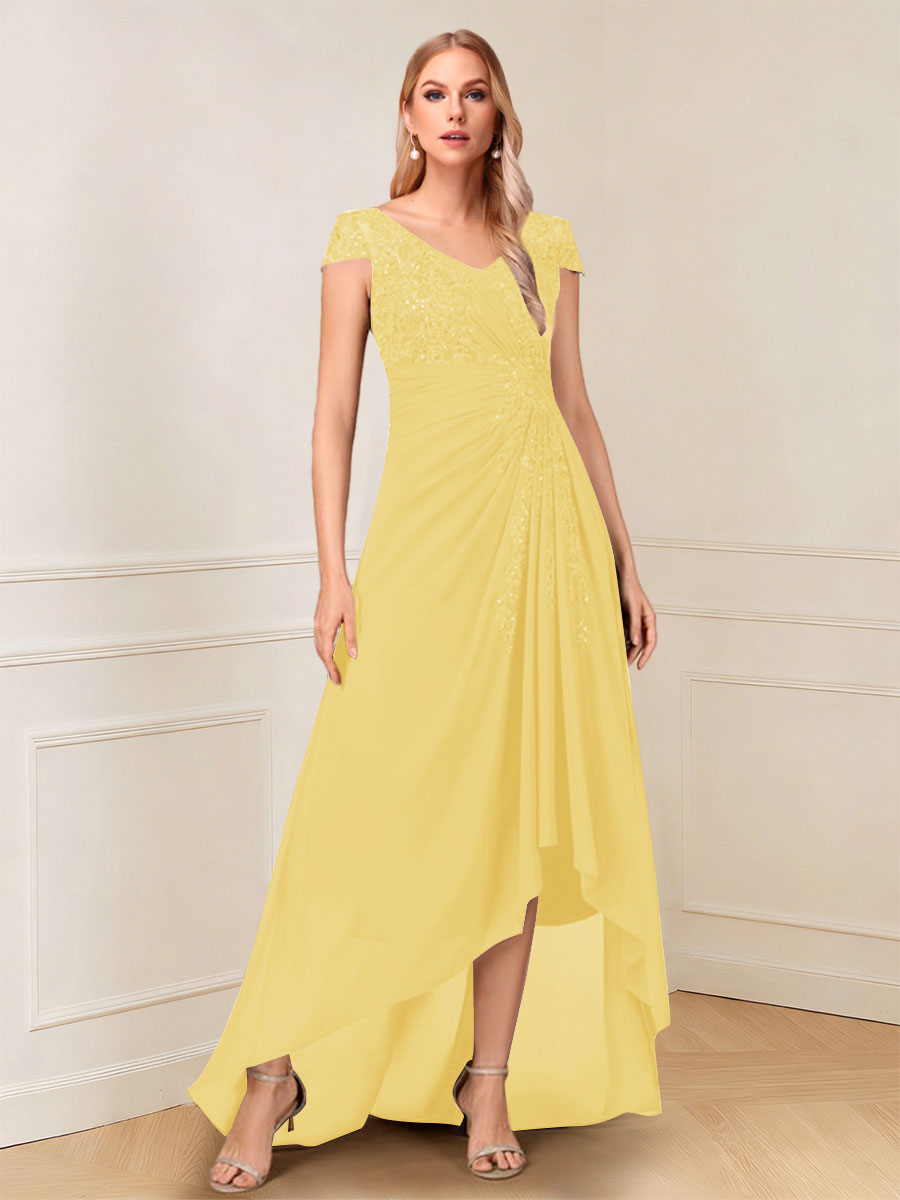 A-Line/Princess Cap Sleeves V-Neck Asymmetrical Mother of the Bride with Sequins &amp;Ruched