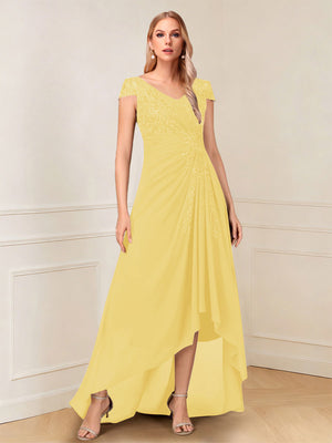 A-Line/Princess Cap Sleeves V-Neck Asymmetrical Mother of the Bride with Sequins &Ruched