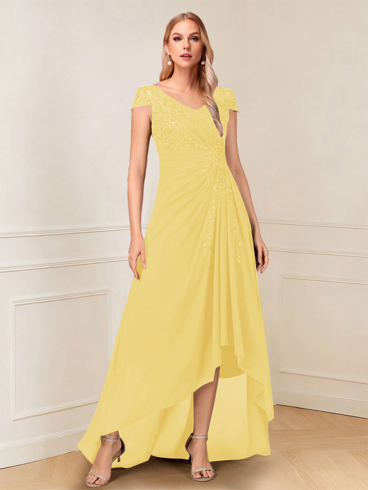 A-Line/Princess Cap Sleeves V-Neck Asymmetrical Mother of the Bride with Sequins &amp;Ruched