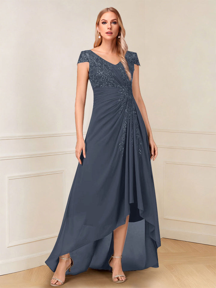 A-Line/Princess Cap Sleeves V-Neck Asymmetrical Mother of the Bride with Sequins &amp;Ruched