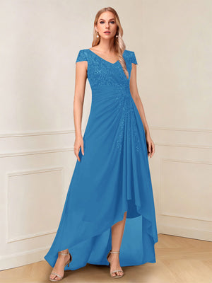 A-Line/Princess Cap Sleeves V-Neck Asymmetrical Mother of the Bride with Sequins &Ruched