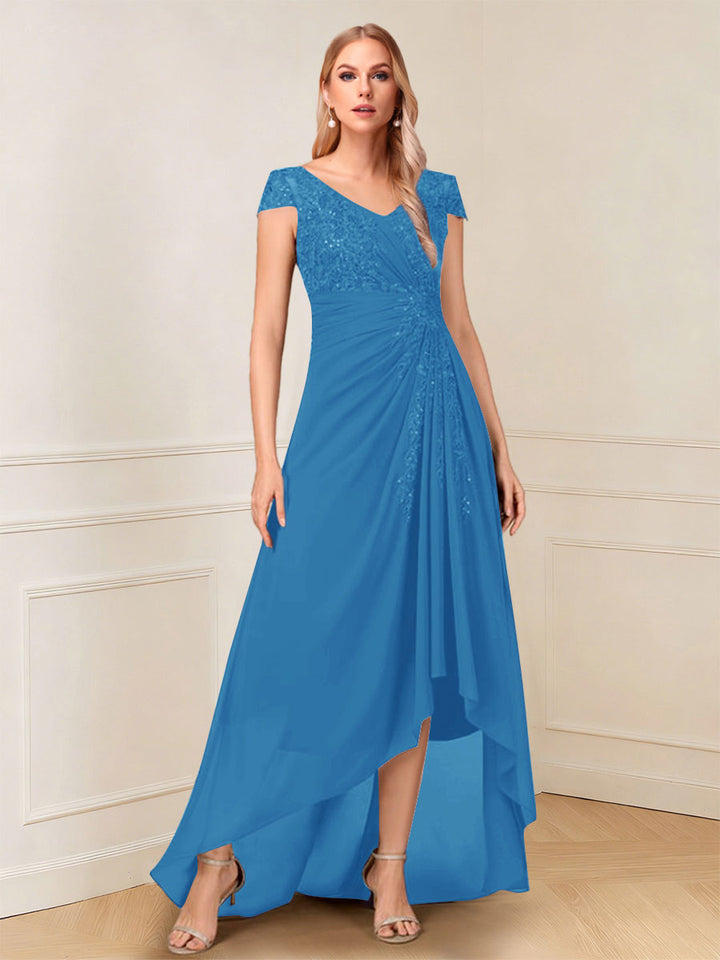 A-Line/Princess Cap Sleeves V-Neck Asymmetrical Mother of the Bride with Sequins &amp;Ruched
