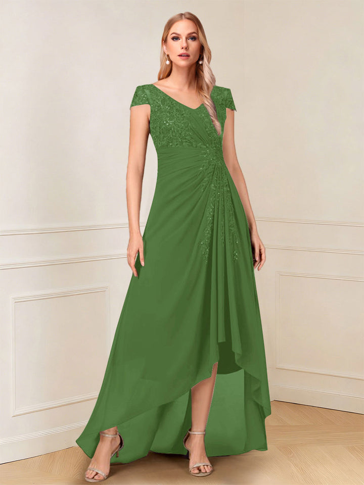 A-Line/Princess Cap Sleeves V-Neck Asymmetrical Mother of the Bride with Sequins &amp;Ruched