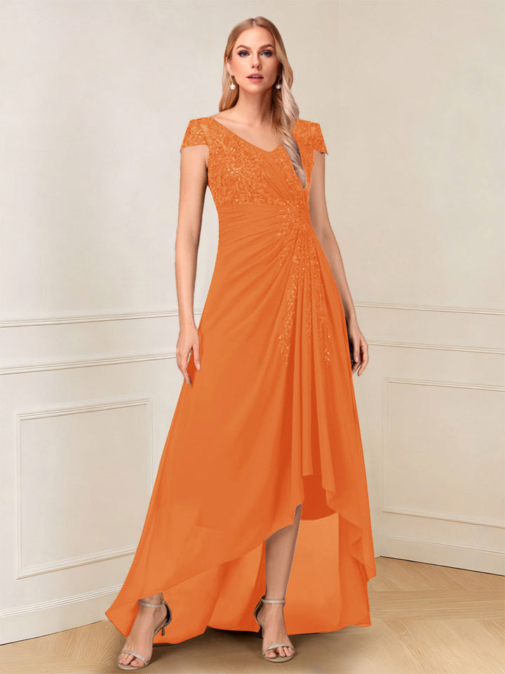 A-Line/Princess Cap Sleeves V-Neck Asymmetrical Mother of the Bride with Sequins &amp;Ruched