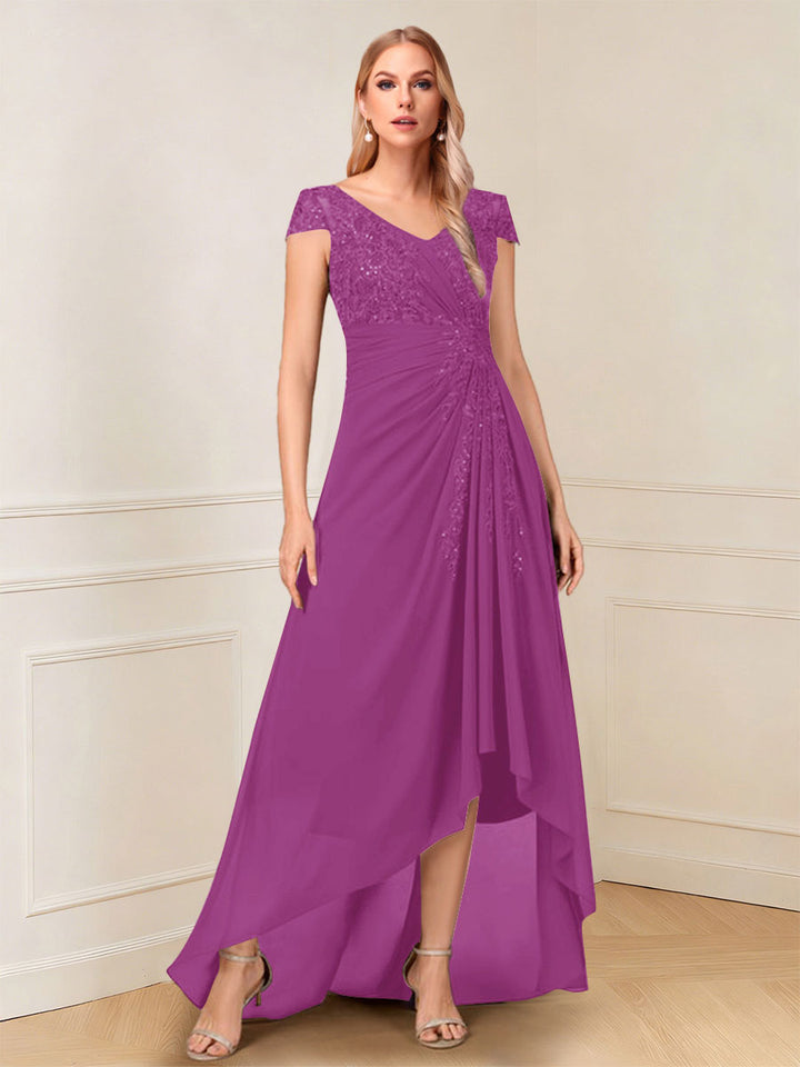 A-Line/Princess Cap Sleeves V-Neck Asymmetrical Mother of the Bride with Sequins &amp;Ruched