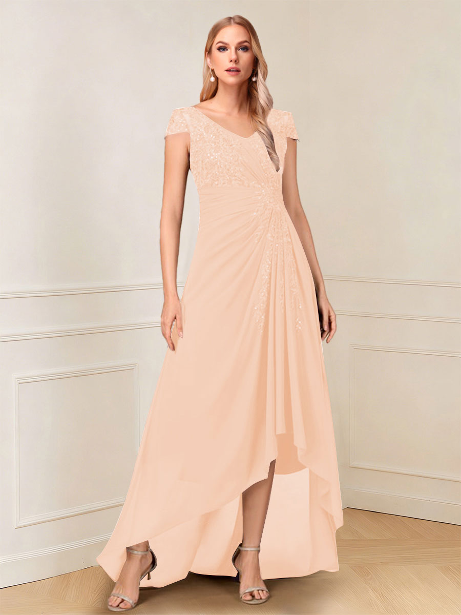 A-Line/Princess Cap Sleeves V-Neck Asymmetrical Mother of the Bride with Sequins &amp;Ruched
