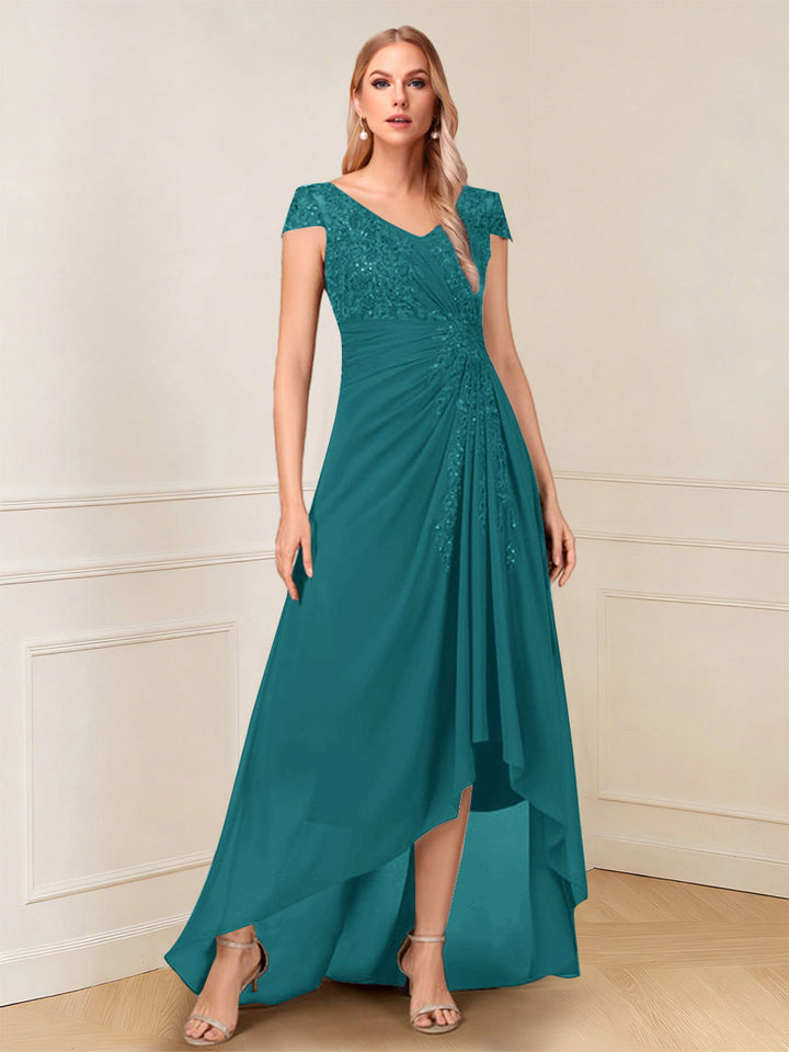 A-Line/Princess Cap Sleeves V-Neck Asymmetrical Mother of the Bride with Sequins &amp;Ruched