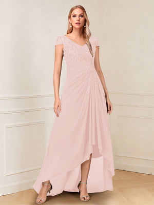 A-Line/Princess Cap Sleeves V-Neck Asymmetrical Mother of the Bride with Sequins &Ruched