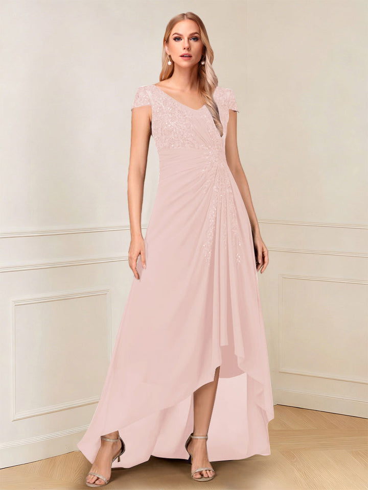 A-Line/Princess Cap Sleeves V-Neck Asymmetrical Mother of the Bride with Sequins &amp;Ruched