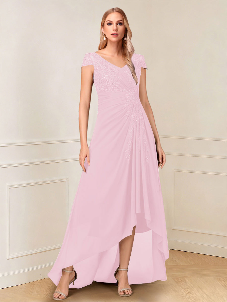 A-Line/Princess Cap Sleeves V-Neck Asymmetrical Mother of the Bride with Sequins &amp;Ruched