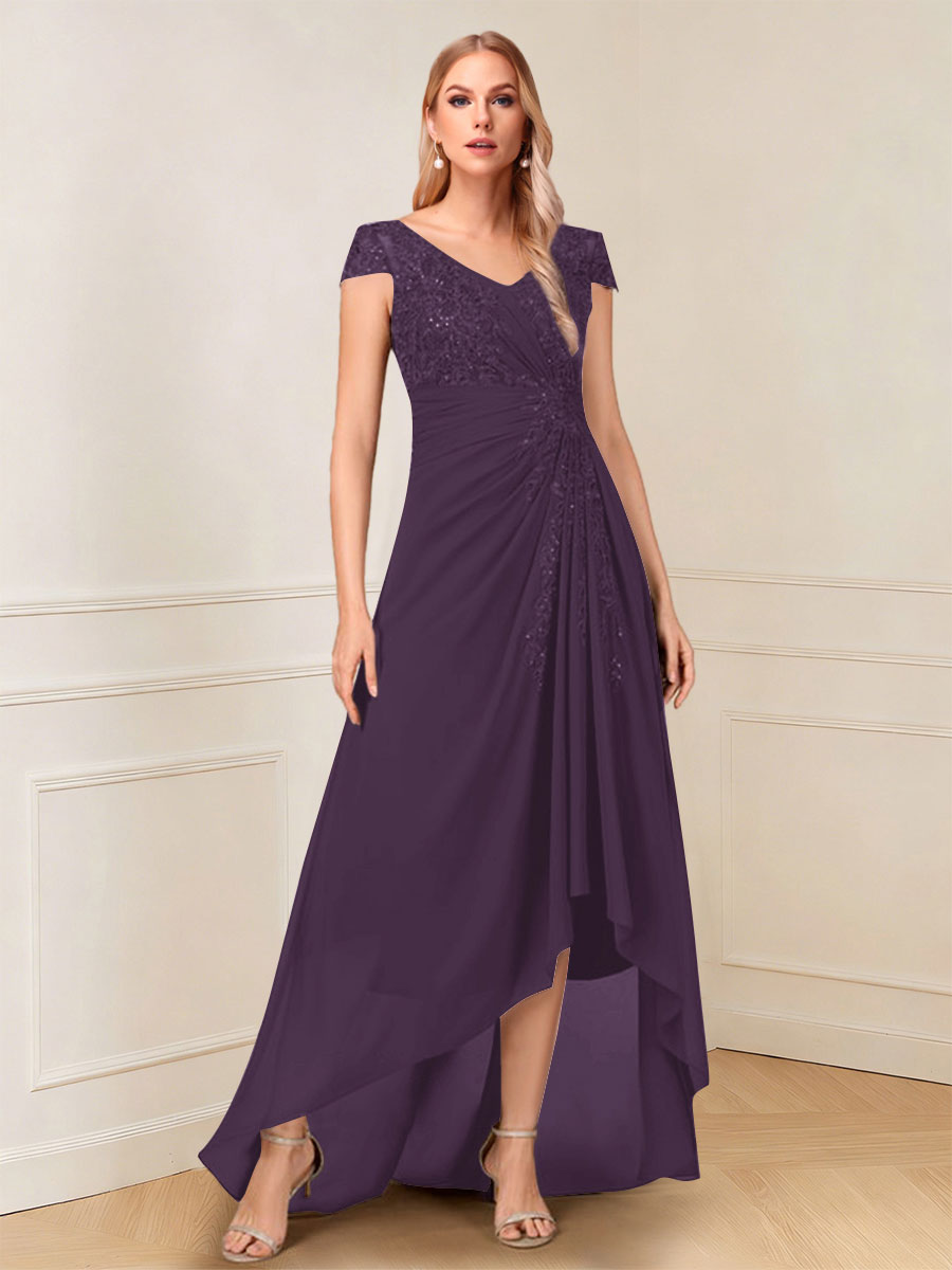 A-Line/Princess Cap Sleeves V-Neck Asymmetrical Mother of the Bride with Sequins &amp;Ruched