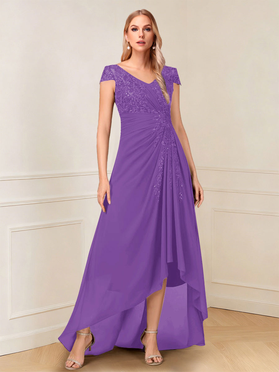A-Line/Princess Cap Sleeves V-Neck Asymmetrical Mother of the Bride with Sequins &amp;Ruched