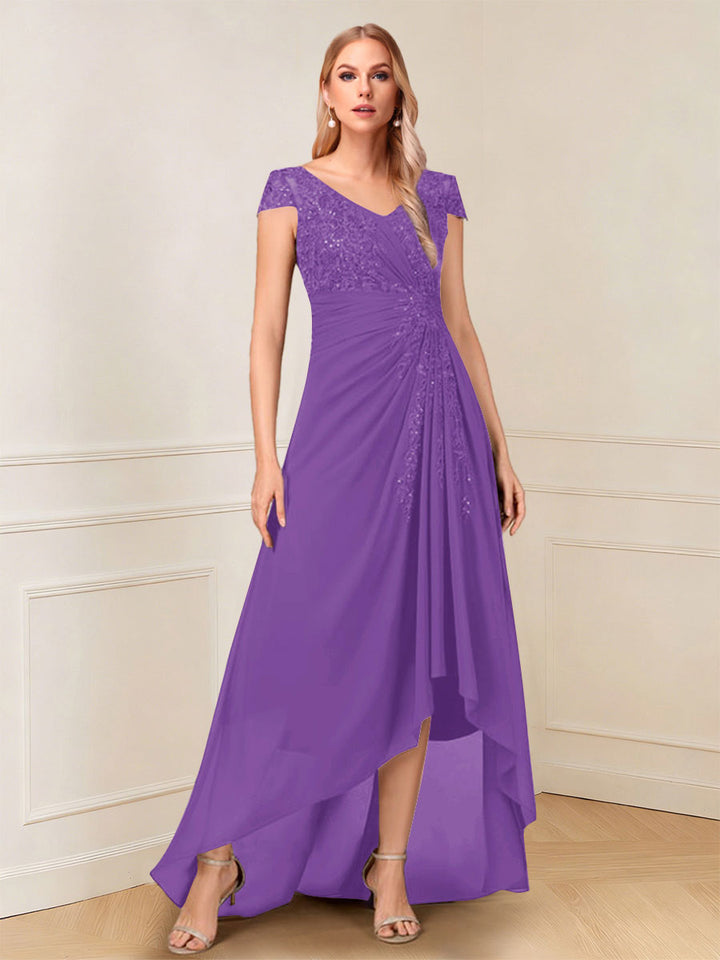 A-Line/Princess Cap Sleeves V-Neck Asymmetrical Mother of the Bride with Sequins &amp;Ruched