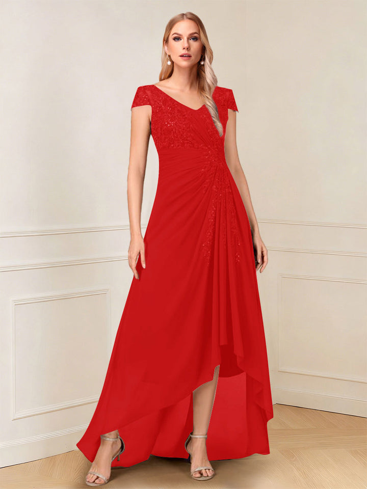 A-Line/Princess Cap Sleeves V-Neck Asymmetrical Mother of the Bride with Sequins &amp;Ruched