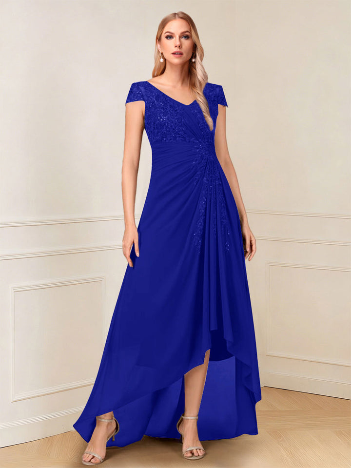 A-Line/Princess Cap Sleeves V-Neck Asymmetrical Mother of the Bride with Sequins &amp;Ruched